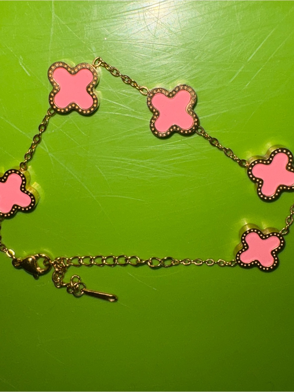 Pink Clover Link Necklace - Gold Chain